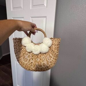 Bride Straw Tote with Pom Poms